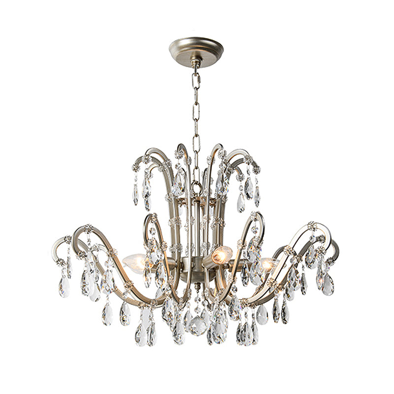 5/8 Lights Chandelier Minimalism Swooping Arm Crystal Pendant Light Kit in Aged Silver Clearhalo 'Ceiling Lights' 'Chandeliers' Lighting' options 326590