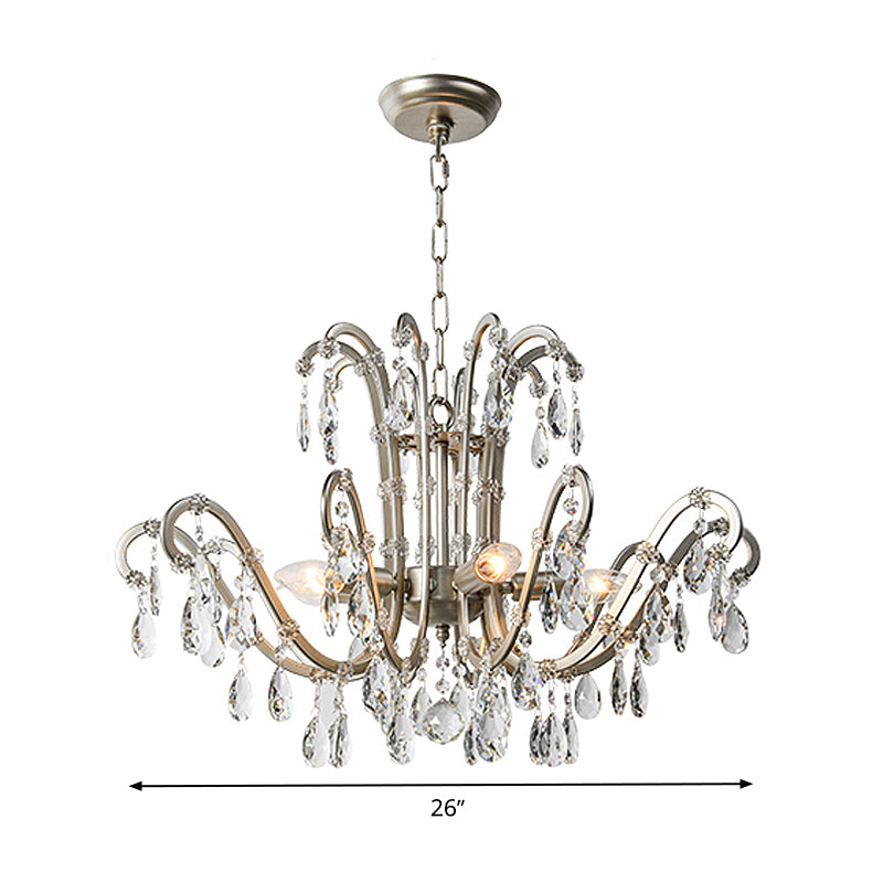 5/8 Lights Chandelier Minimalism Swooping Arm Crystal Pendant Light Kit in Aged Silver Clearhalo 'Ceiling Lights' 'Chandeliers' Lighting' options 326591