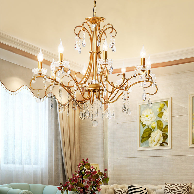 8 Lights Crystal Chandelier Light Countryside Gold Candlestick Living Room Hanging Lamp Clearhalo 'Ceiling Lights' 'Chandeliers' Lighting' options 326592