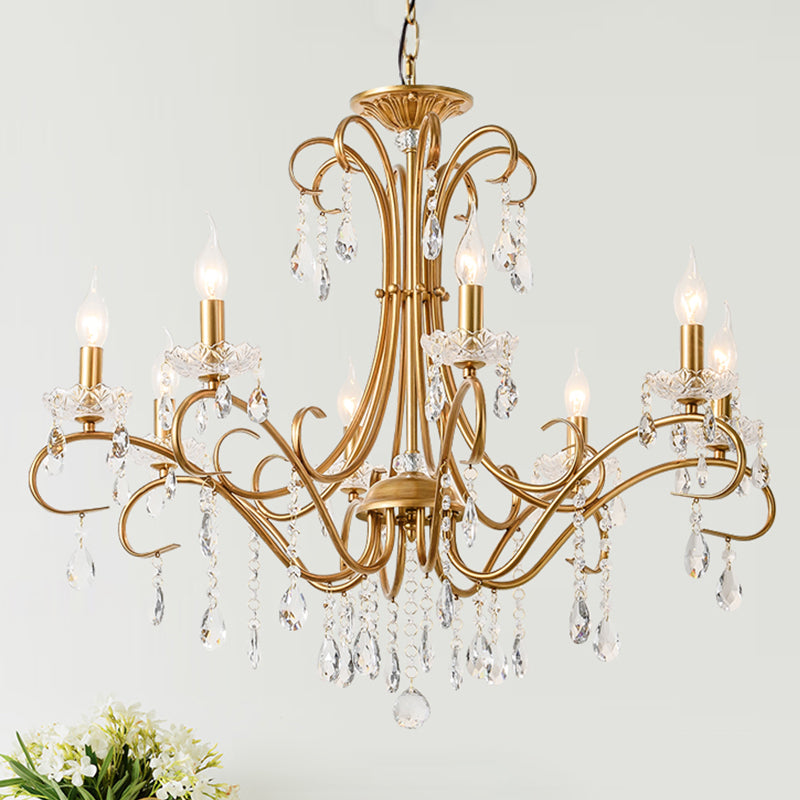 8 Lights Crystal Chandelier Light Countryside Gold Candlestick Living Room Hanging Lamp Clearhalo 'Ceiling Lights' 'Chandeliers' Lighting' options 326593