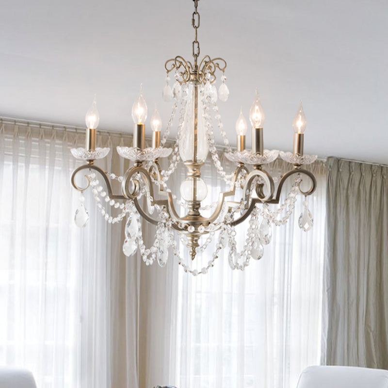 Candle Clear Crystal Chandelier Light Fixture Rustic 3/6/8 Lights Living Room Suspension Lamp in Silver 6 Silver Clearhalo 'Ceiling Lights' 'Chandeliers' Lighting' options 326602_e70c867b-91e4-4a56-ba32-26ccf7a26d4a