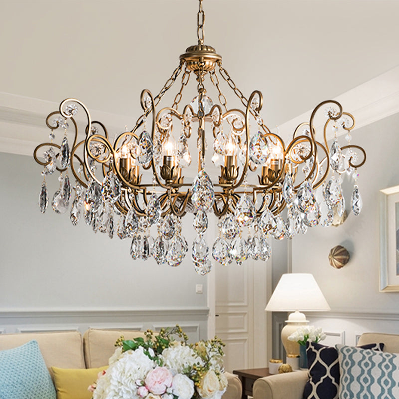 Candlestick Crystal Ceiling Chandelier Traditional 6/8/10 Lights Living Room Down Lighting Pendant in Brass Clearhalo 'Ceiling Lights' 'Chandeliers' Lighting' options 326636