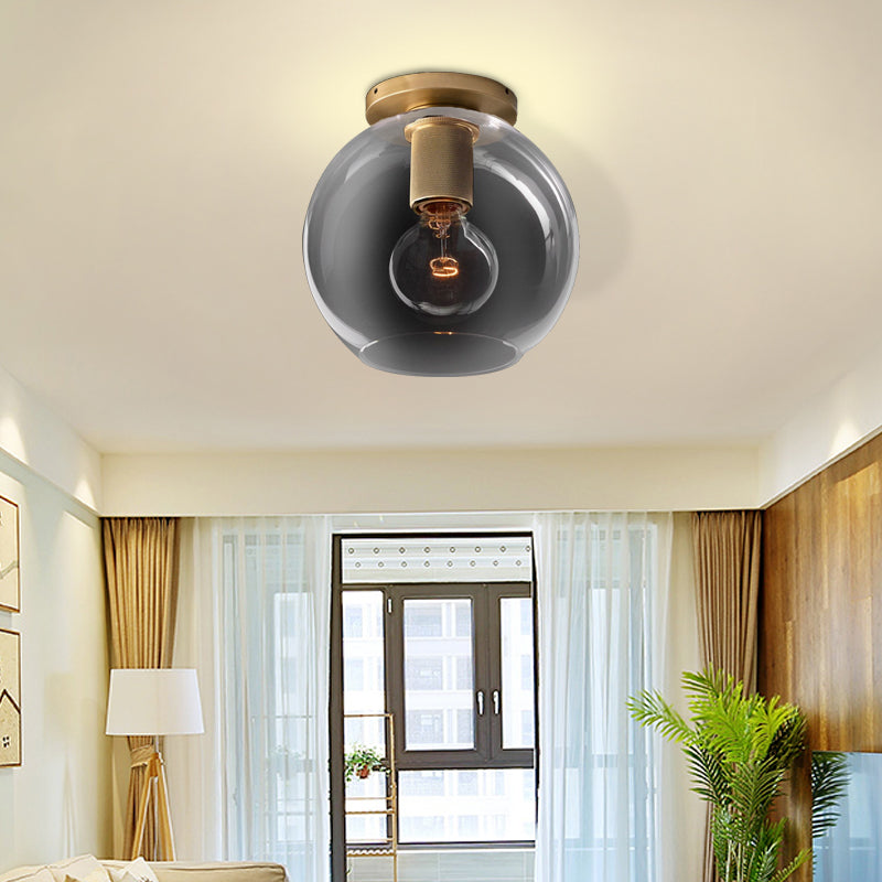 Globe/Cone/Cylinder/Trumpet Glass Flush Pendant Ceiling Light Modern 1 Light Flushmount Lighting in Brass for Balcony Brass Globe Clearhalo 'Ceiling Lights' 'Close To Ceiling Lights' 'Close to ceiling' 'Flush mount' Lighting' 326711