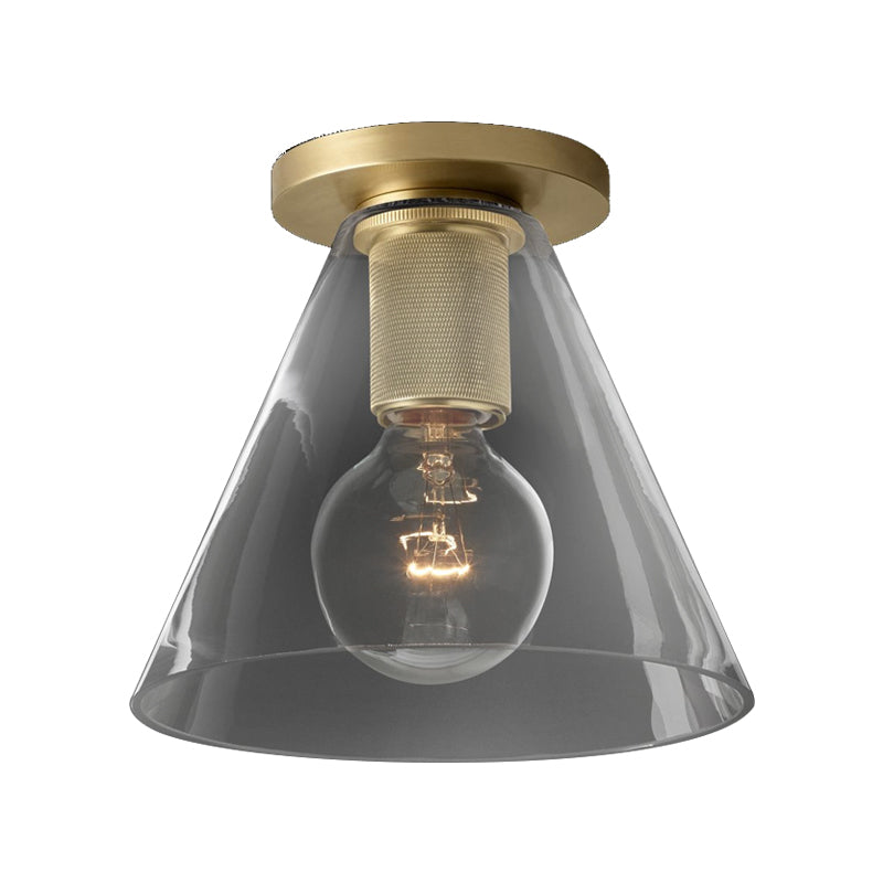 Globe/Cone/Cylinder/Trumpet Glass Flush Pendant Ceiling Light Modern 1 Light Flushmount Lighting in Brass for Balcony Clearhalo 'Ceiling Lights' 'Close To Ceiling Lights' 'Close to ceiling' 'Flush mount' Lighting' 326717