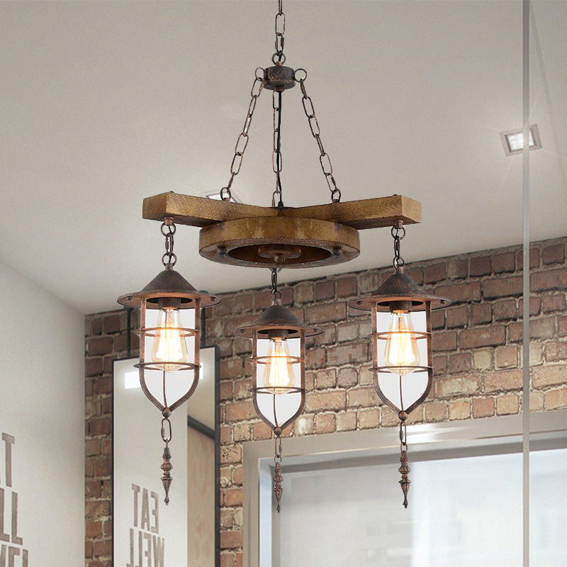 Metal Caged Chandelier Lighting Factory 3/7 Lights Restaurant Hanging Light Kit in Wood 3 Wood Clearhalo 'Ceiling Lights' 'Chandeliers' 'Industrial Chandeliers' 'Industrial' 'Middle Century Chandeliers' 'Tiffany' Lighting' 326928