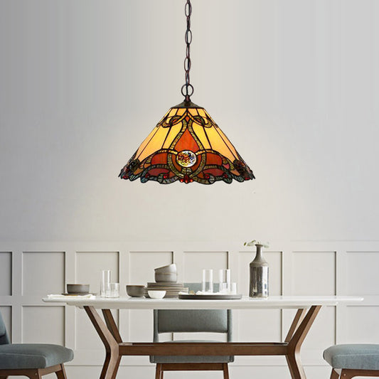 1 Light Kitchen Pendant Lamp Tiffany Bronze Ceiling Light with Conical Red Stained Glass Shade Red Clearhalo 'Ceiling Lights' 'Industrial' 'Middle Century Pendants' 'Pendant Lights' 'Pendants' 'Tiffany close to ceiling' 'Tiffany Pendants' 'Tiffany' Lighting' 327090