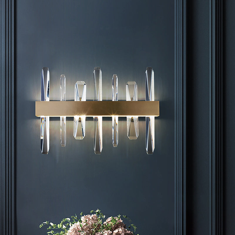 Clear Crystal Bar Wall Sconce Modernist LED Wall Lighting Fixture in Gold with Round/Rectangle Metal Shade Clearhalo 'Modern wall lights' 'Modern' 'Wall Lamps & Sconces' 'Wall Lights' Lighting' 327465