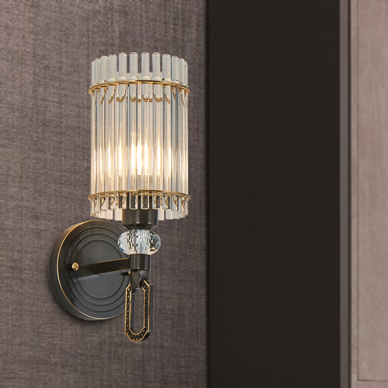 1/2 Lights Cylinder Wall Sconce Lighting Traditional Black Clear K9 Crystal Wall Light Fixture 1.0 Black Clearhalo 'Wall Lamps & Sconces' 'Wall Lights' Lighting' 327904