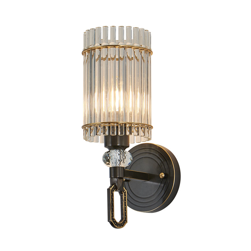 1/2 Lights Cylinder Wall Sconce Lighting Traditional Black Clear K9 Crystal Wall Light Fixture Clearhalo 'Wall Lamps & Sconces' 'Wall Lights' Lighting' 327906