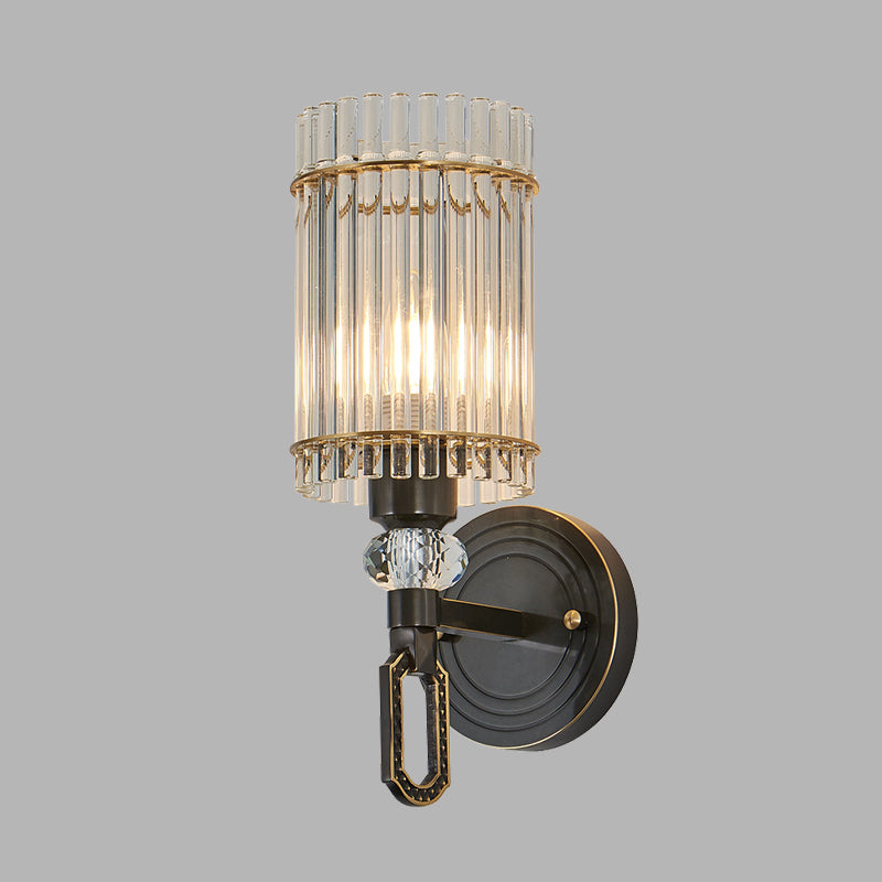 1/2 Lights Cylinder Wall Sconce Lighting Traditional Black Clear K9 Crystal Wall Light Fixture Clearhalo 'Wall Lamps & Sconces' 'Wall Lights' Lighting' 327907