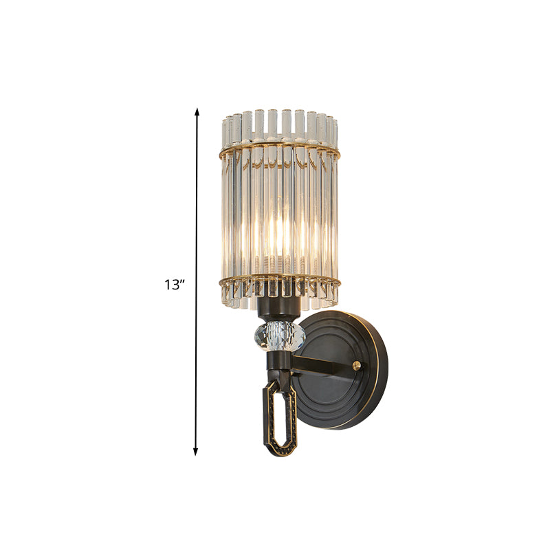 1/2 Lights Cylinder Wall Sconce Lighting Traditional Black Clear K9 Crystal Wall Light Fixture Clearhalo 'Wall Lamps & Sconces' 'Wall Lights' Lighting' 327908