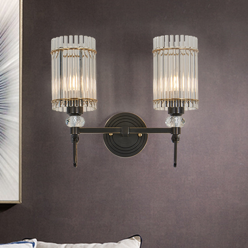 1/2 Lights Cylinder Wall Sconce Lighting Traditional Black Clear K9 Crystal Wall Light Fixture 2.0 Black Clearhalo 'Wall Lamps & Sconces' 'Wall Lights' Lighting' 327909