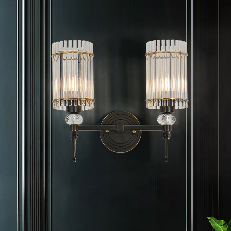 1/2 Lights Cylinder Wall Sconce Lighting Traditional Black Clear K9 Crystal Wall Light Fixture Clearhalo 'Wall Lamps & Sconces' 'Wall Lights' Lighting' 327910