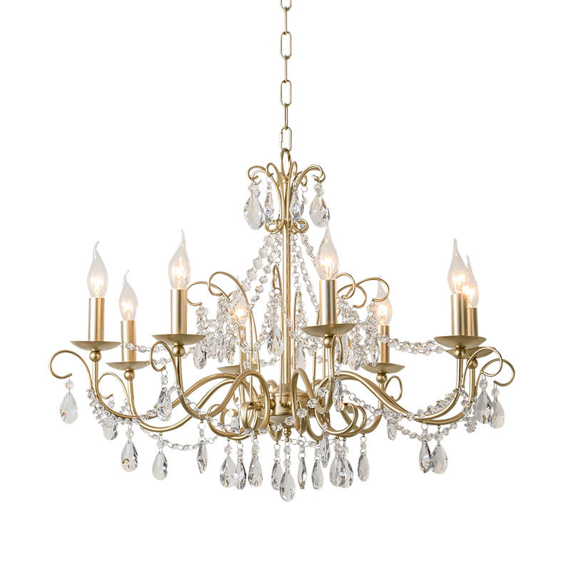 Gold Candle Chandelier Pendant Light Rustic Crystal 3/6/8 Lights Living Room Hanging Lamp Kit Clearhalo 'Ceiling Lights' 'Chandeliers' Lighting' options 328171