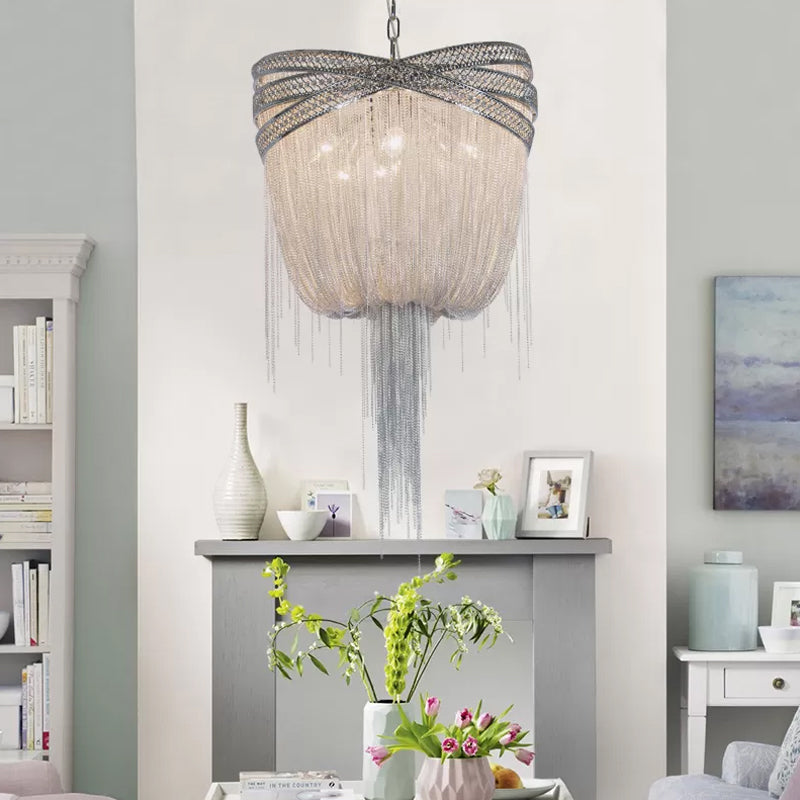 Gold/Silver 4/6/8 Lights Chandelier Lighting Rustic Metal Draped Beaded Hanging Light Fixture, 16"/19.5"/23.5" Wide Silver Clearhalo 'Ceiling Lights' 'Chandeliers' Lighting' options 328449_5eec10fa-b9e6-4272-8bd8-2a6f542e3056