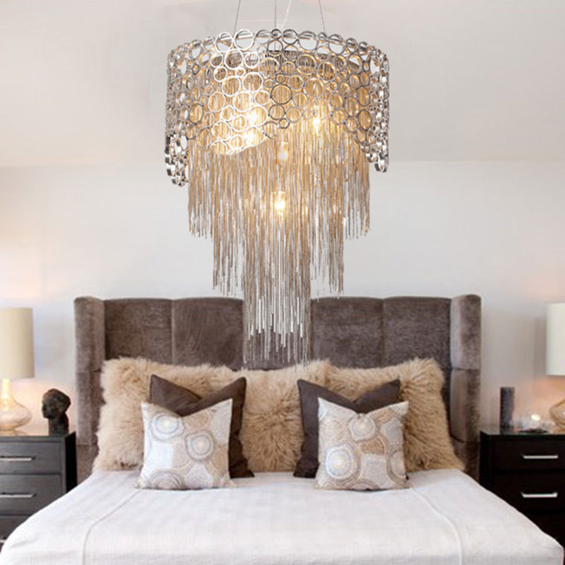 Silver Tiered Chandelier Lighting Fixture Lodge Metal 6 Lights Living Room Pendant Lamp Silver Clearhalo 'Ceiling Lights' 'Chandeliers' Lighting' options 328470_218e7d96-991a-4dcb-a129-1ab0160e10bc