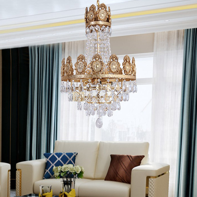 6 Lights Living Room Chandelier Lighting Lodge Silver/Gold Drop Pendant with Conical Crystal Shade Clearhalo 'Ceiling Lights' 'Chandeliers' Lighting' options 328607