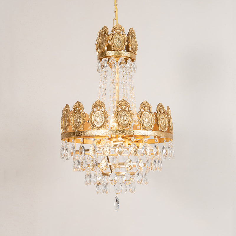 6 Lights Living Room Chandelier Lighting Lodge Silver/Gold Drop Pendant with Conical Crystal Shade Clearhalo 'Ceiling Lights' 'Chandeliers' Lighting' options 328609