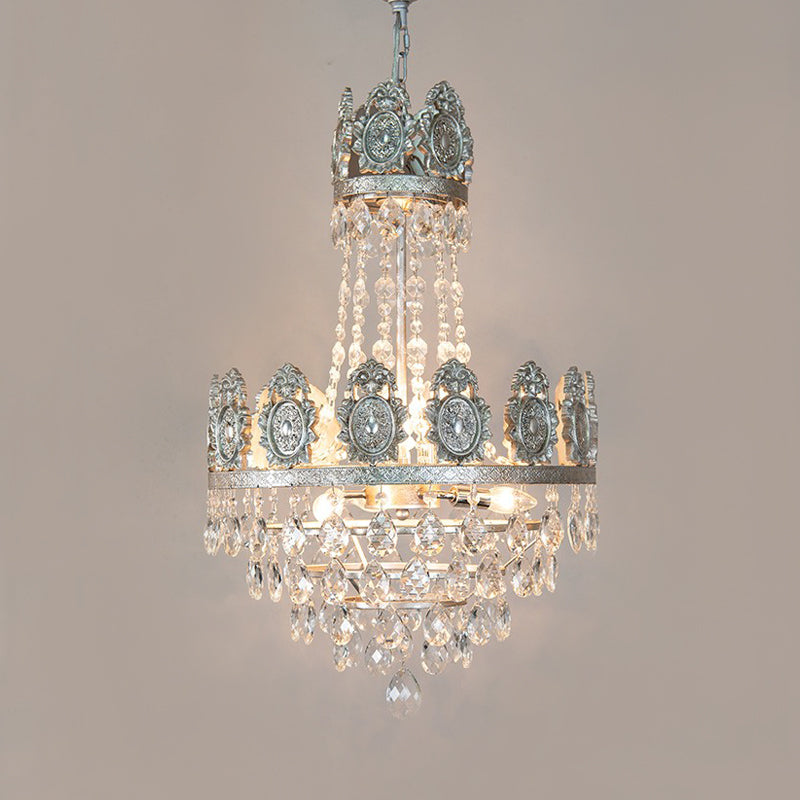 6 Lights Living Room Chandelier Lighting Lodge Silver/Gold Drop Pendant with Conical Crystal Shade Clearhalo 'Ceiling Lights' 'Chandeliers' Lighting' options 328612