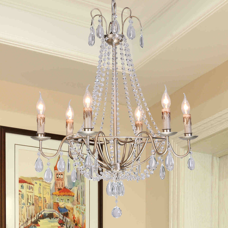 6 Lights Crystal Chandelier Light Fixture Simple Silver Candelabra Living Room Ceiling Suspension Lamp Clearhalo 'Ceiling Lights' 'Chandeliers' Lighting' options 328771