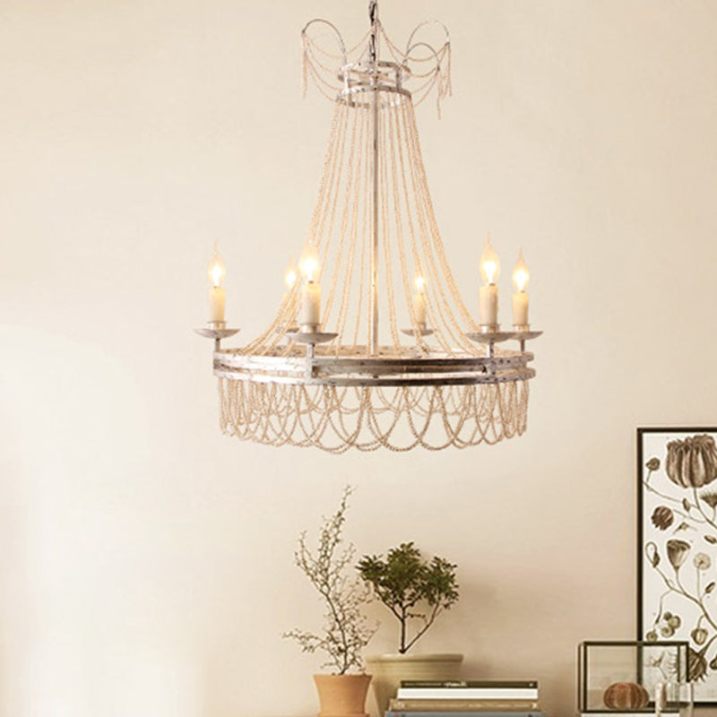 Distressed White 6 Lights Pendant Chandelier Rustic Crystal Candle-Style Suspension Lighting Clearhalo 'Ceiling Lights' 'Chandeliers' Lighting' options 328807