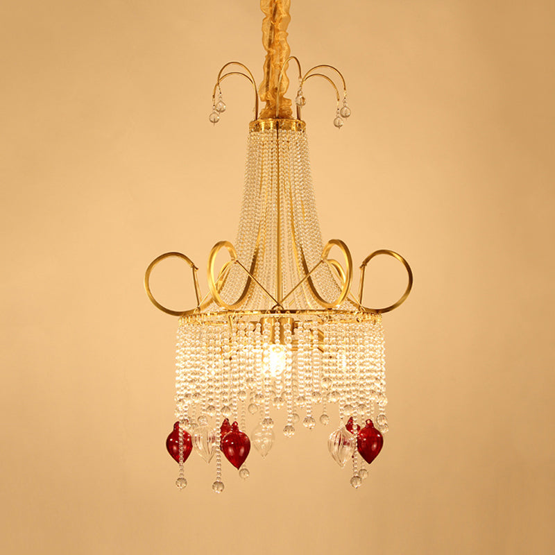 Gold Beaded Chandelier Pendant Light Rural Crystal 4 Lights Living Room Ceiling Hang Fixture Clearhalo 'Ceiling Lights' 'Chandeliers' Lighting' options 328813