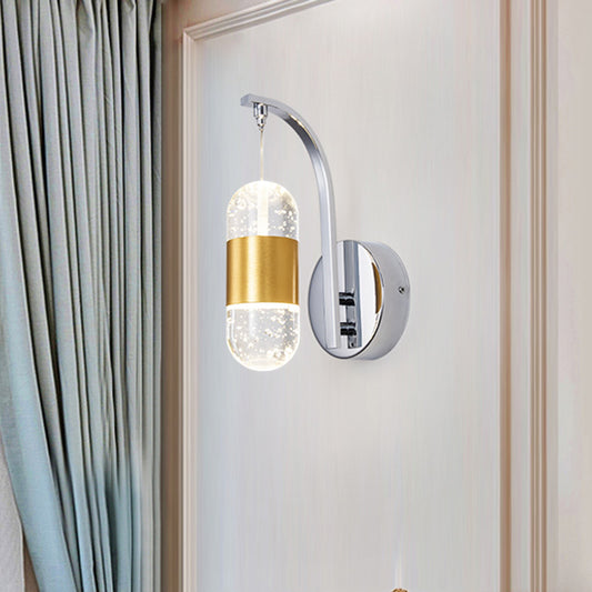 LED Metal Wall Sconce Traditionalist Gold Swooping Arm Bedroom Wall Mounted Light with Bubble Crystal Shade Clearhalo 'Wall Lamps & Sconces' 'Wall Lights' Lighting' 328842