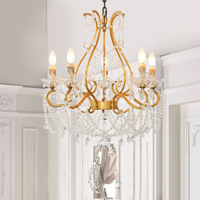 Rustic Candle-Style Chandelier 5 Lights Crystal Suspension Lamp in Gold for Living Room Clearhalo 'Ceiling Lights' 'Chandeliers' Lighting' options 328955