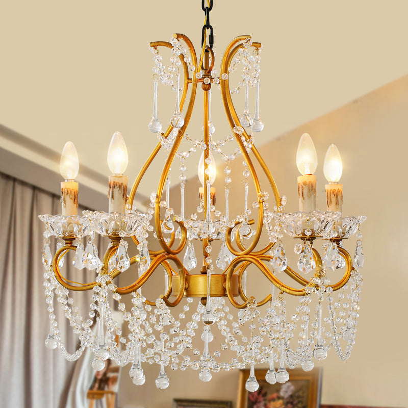 Rustic Candle-Style Chandelier 5 Lights Crystal Suspension Lamp in Gold for Living Room Clearhalo 'Ceiling Lights' 'Chandeliers' Lighting' options 328956