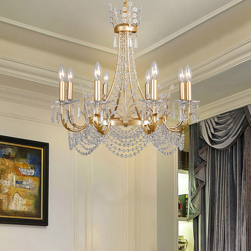 8 Lights Swooping Arm Chandelier Light Countryside Gold Crystal Ceiling Pendant for Bedroom Clearhalo 'Ceiling Lights' 'Chandeliers' Lighting' options 328960