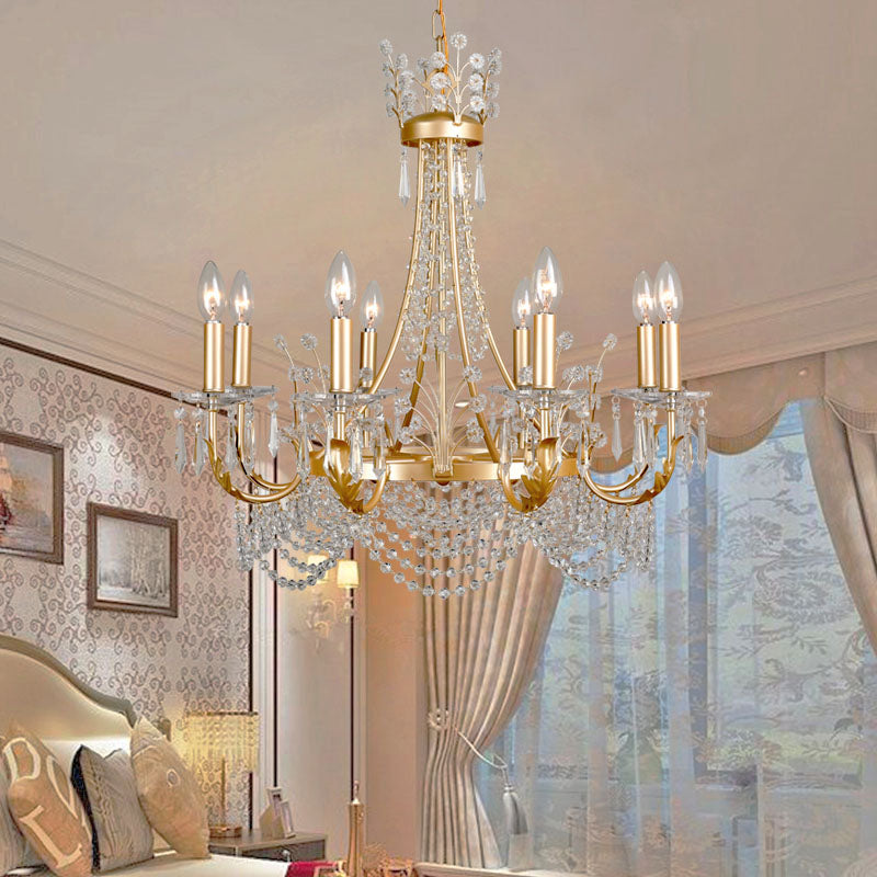 8 Lights Swooping Arm Chandelier Light Countryside Gold Crystal Ceiling Pendant for Bedroom Clearhalo 'Ceiling Lights' 'Chandeliers' Lighting' options 328962