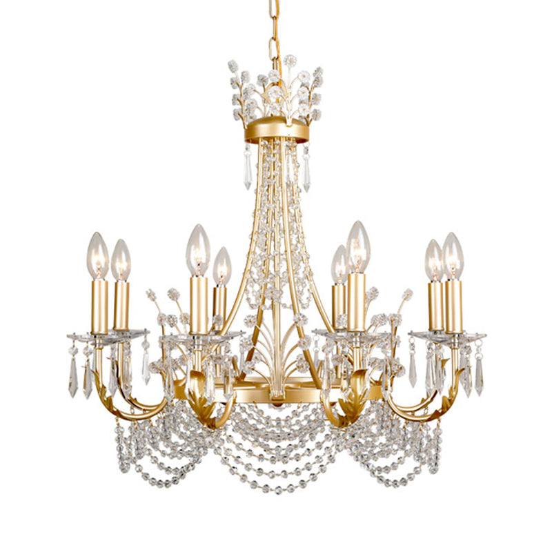 8 Lights Swooping Arm Chandelier Light Countryside Gold Crystal Ceiling Pendant for Bedroom Clearhalo 'Ceiling Lights' 'Chandeliers' Lighting' options 328963