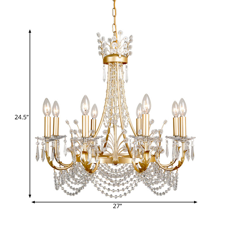 8 Lights Swooping Arm Chandelier Light Countryside Gold Crystal Ceiling Pendant for Bedroom Clearhalo 'Ceiling Lights' 'Chandeliers' Lighting' options 328964