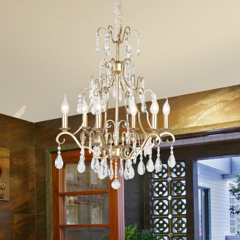6 Lights Chandelier Lamp Lodge Curvy Arm Crystal Pendant Light Fixture in Gold for Bedroom Clearhalo 'Ceiling Lights' 'Chandeliers' Lighting' options 329020