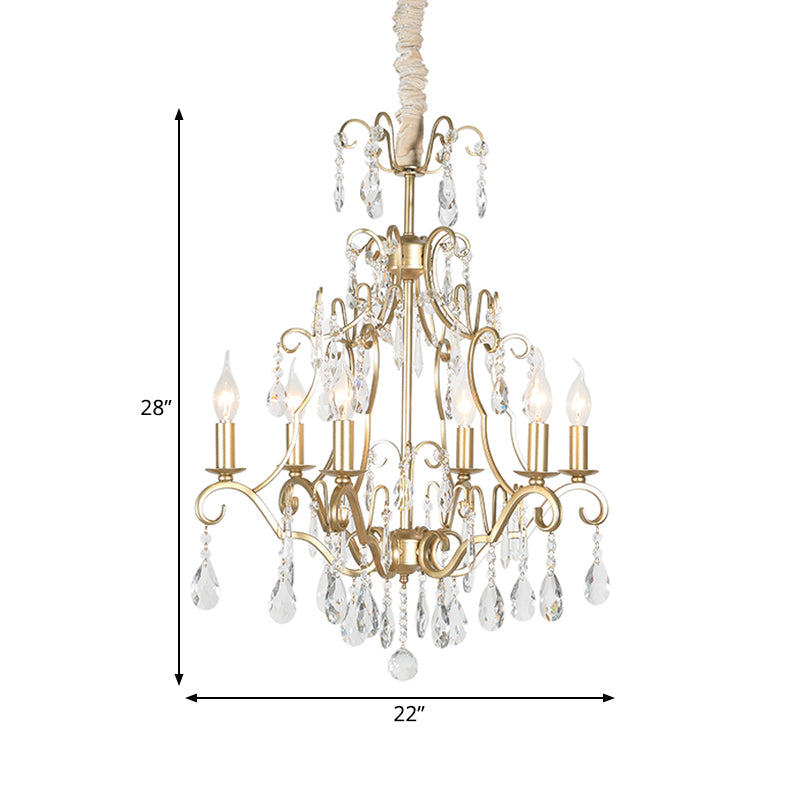 6 Lights Chandelier Lamp Lodge Curvy Arm Crystal Pendant Light Fixture in Gold for Bedroom Clearhalo 'Ceiling Lights' 'Chandeliers' Lighting' options 329023