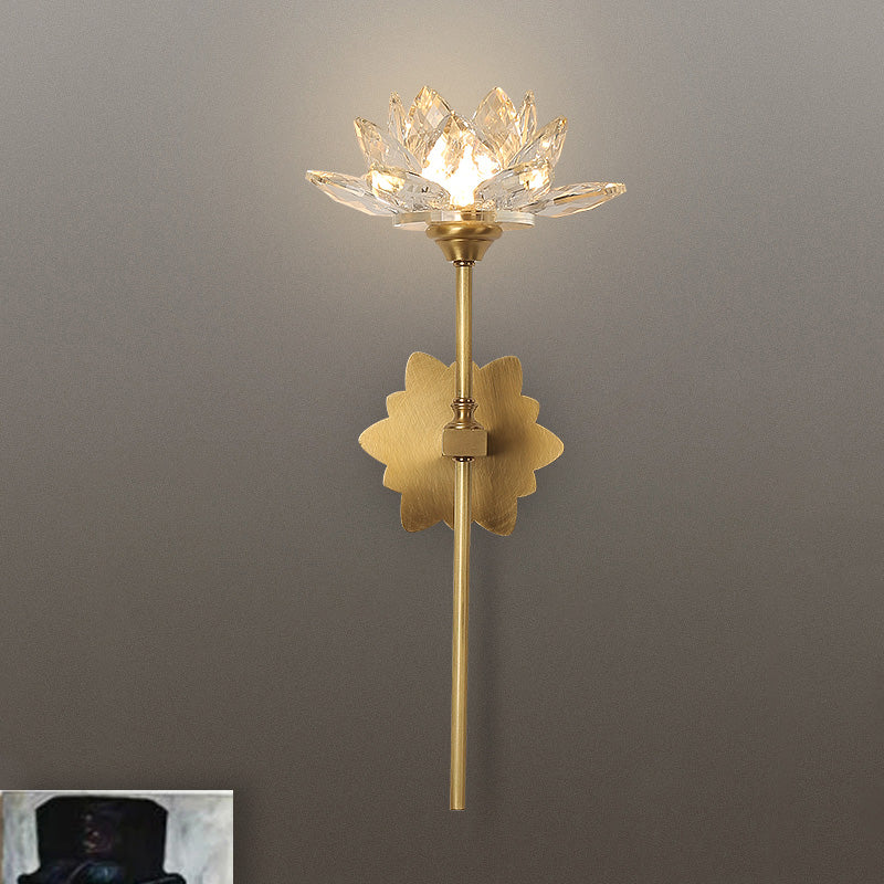 1 Light Lotus Wall Sconce Lighting Traditional Gold Clear Crystal LED Wall Light Fixture for Bedroom, 16"/23.5" H Gold Clearhalo 'Wall Lamps & Sconces' 'Wall Lights' Lighting' 329024