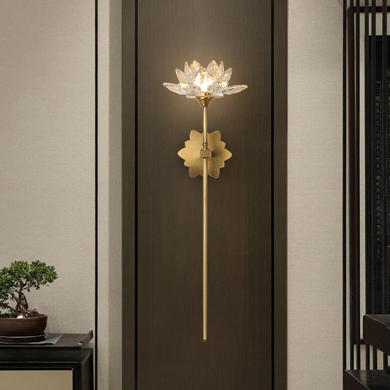 1 Light Lotus Wall Sconce Lighting Traditional Gold Clear Crystal LED Wall Light Fixture for Bedroom, 16"/23.5" H Clearhalo 'Wall Lamps & Sconces' 'Wall Lights' Lighting' 329026