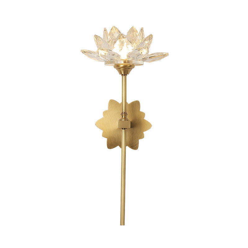 1 Light Lotus Wall Sconce Lighting Traditional Gold Clear Crystal LED Wall Light Fixture for Bedroom, 16"/23.5" H Clearhalo 'Wall Lamps & Sconces' 'Wall Lights' Lighting' 329027