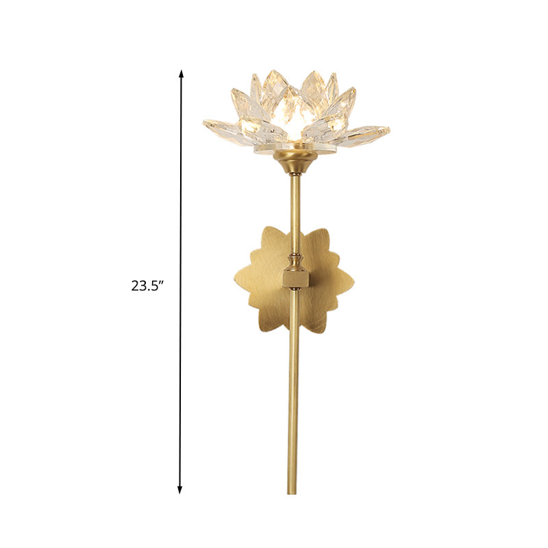 1 Light Lotus Wall Sconce Lighting Traditional Gold Clear Crystal LED Wall Light Fixture for Bedroom, 16"/23.5" H Clearhalo 'Wall Lamps & Sconces' 'Wall Lights' Lighting' 329029