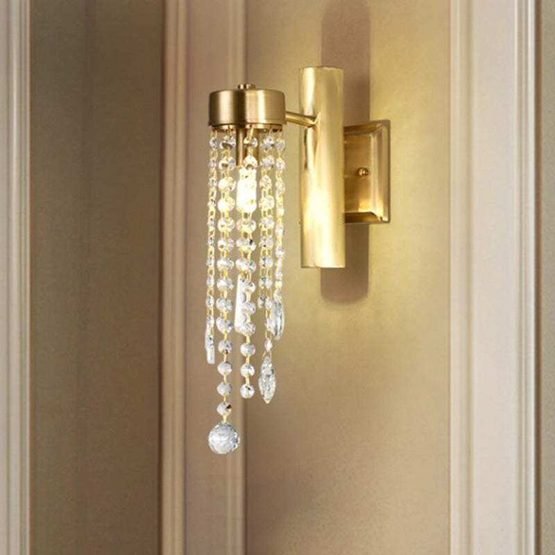 Cascade Bedroom Wall Sconce Light Vintage Crystal 1/2 Heads Gold LED Wall Lighting Fixture 1.0 Gold Clearhalo 'Wall Lamps & Sconces' 'Wall Lights' Lighting' 329048