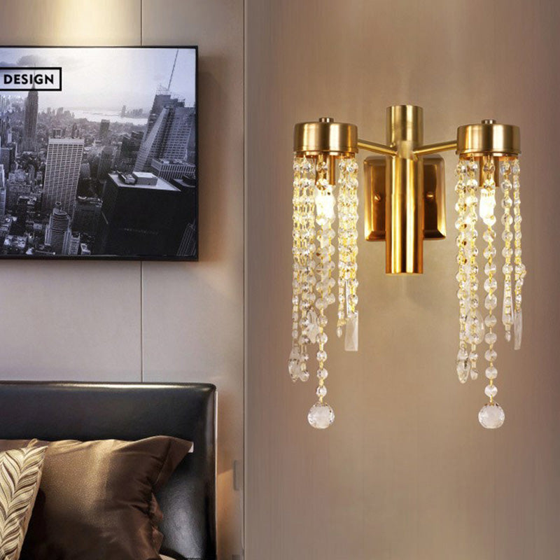 Cascade Bedroom Wall Sconce Light Vintage Crystal 1/2 Heads Gold LED Wall Lighting Fixture Clearhalo 'Wall Lamps & Sconces' 'Wall Lights' Lighting' 329053