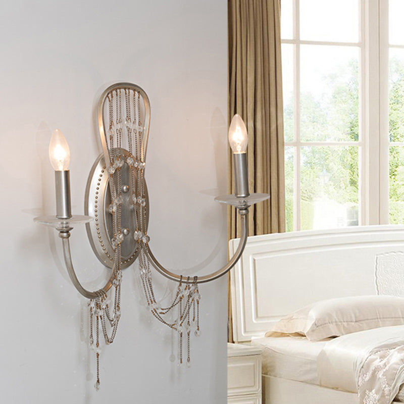 Nickle 2 Lights Wall Lighting Retro Metal Candelabra Wall Mount Light with Clear Crystal Accent Clearhalo 'Wall Lamps & Sconces' 'Wall Lights' Lighting' 329058