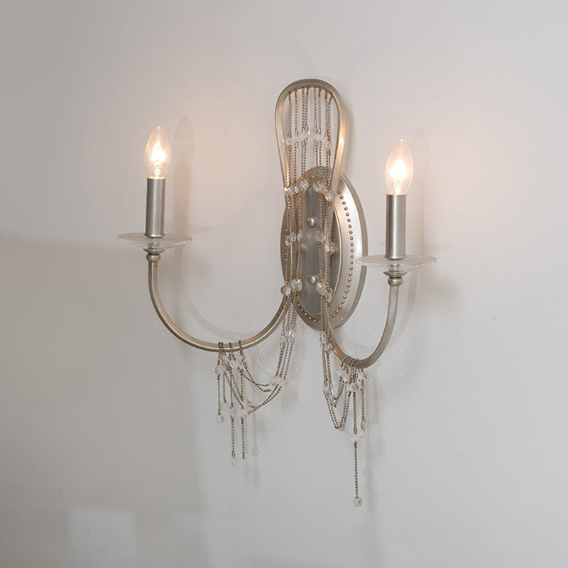 Nickle 2 Lights Wall Lighting Retro Metal Candelabra Wall Mount Light with Clear Crystal Accent Clearhalo 'Wall Lamps & Sconces' 'Wall Lights' Lighting' 329060