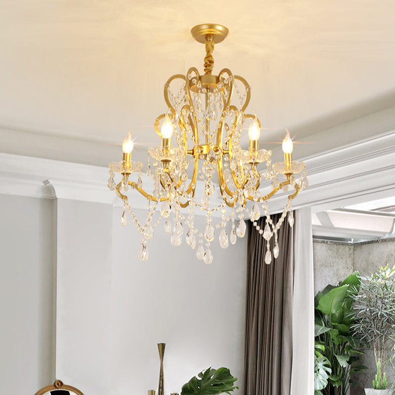 Candle Crystal Pendant Chandelier Traditional-Style 4/6/8 Lights Living Room Hanging Light Fixture in Gold 6 Gold Clearhalo 'Ceiling Lights' 'Chandeliers' Lighting' options 329067_bcbd9115-746a-4d4e-bf56-10cc846315cb
