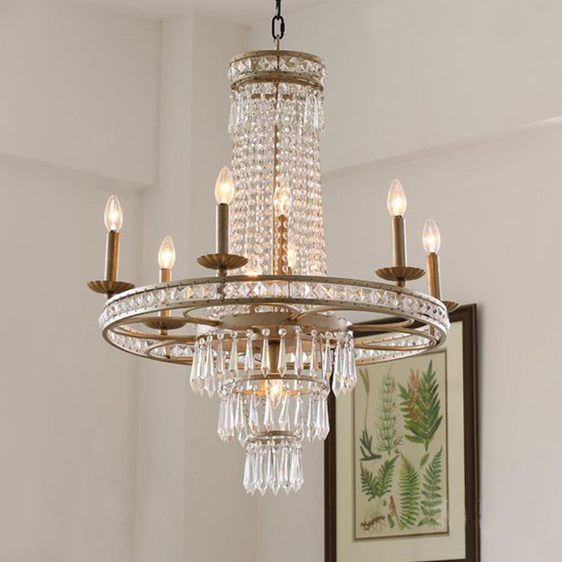 Silver 8/10 Lights Chandelier Countryside Crystal Tiered Ceiling Suspension Lamp for Living Room Clearhalo 'Ceiling Lights' 'Chandeliers' Lighting' options 329101