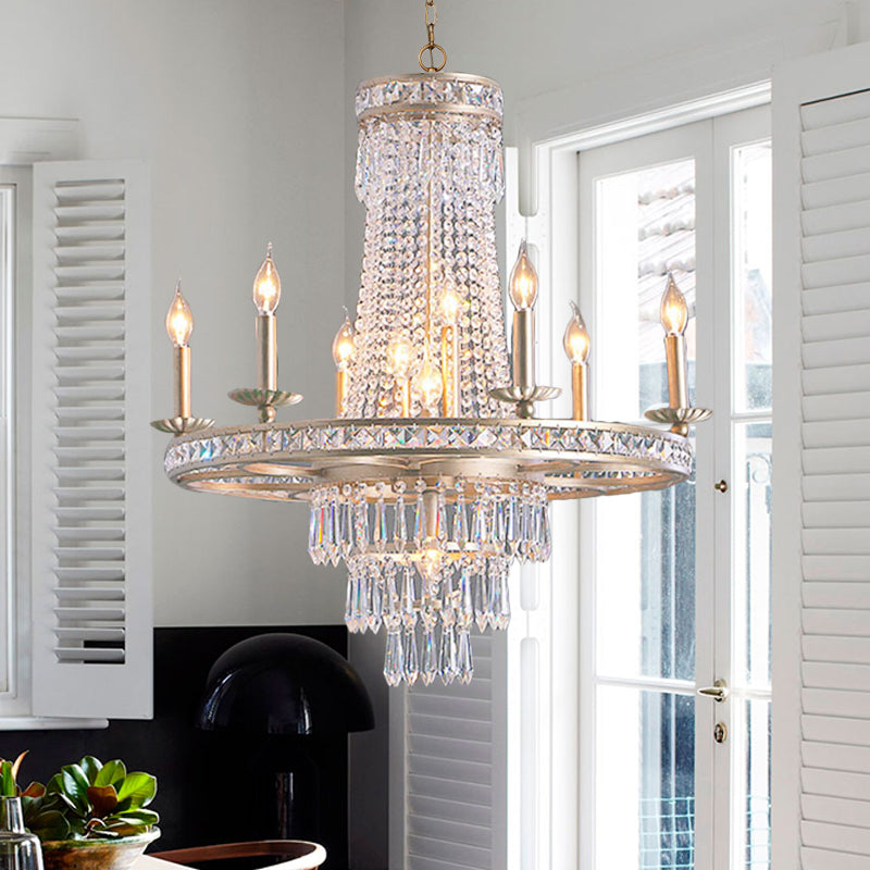 Silver 8/10 Lights Chandelier Countryside Crystal Tiered Ceiling Suspension Lamp for Living Room 10 Silver Clearhalo 'Ceiling Lights' 'Chandeliers' Lighting' options 329105_daa0e247-6693-4640-a324-260ccfe6cf1d