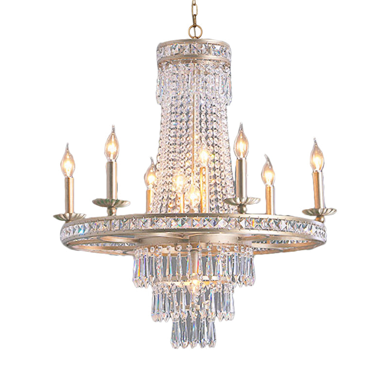 Silver 8/10 Lights Chandelier Countryside Crystal Tiered Ceiling Suspension Lamp for Living Room Clearhalo 'Ceiling Lights' 'Chandeliers' Lighting' options 329107