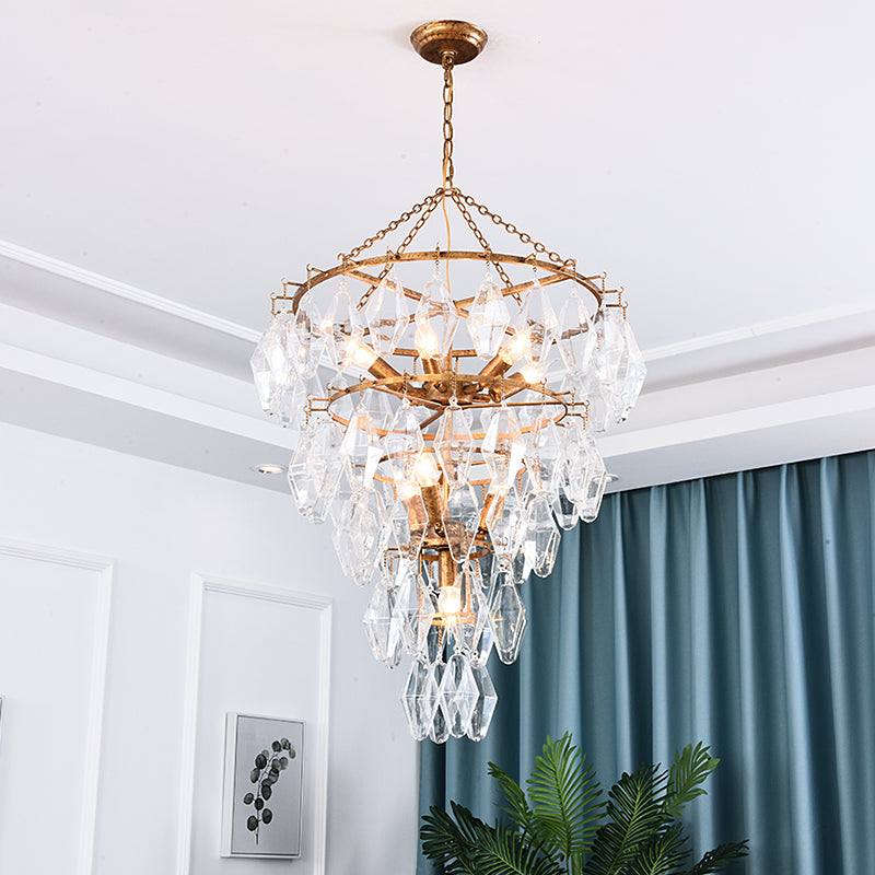 Gold Conical Chandelier Light Rustic Crystal 10 Lights Living Room Suspension Pendant Clearhalo 'Ceiling Lights' 'Chandeliers' Lighting' options 329114