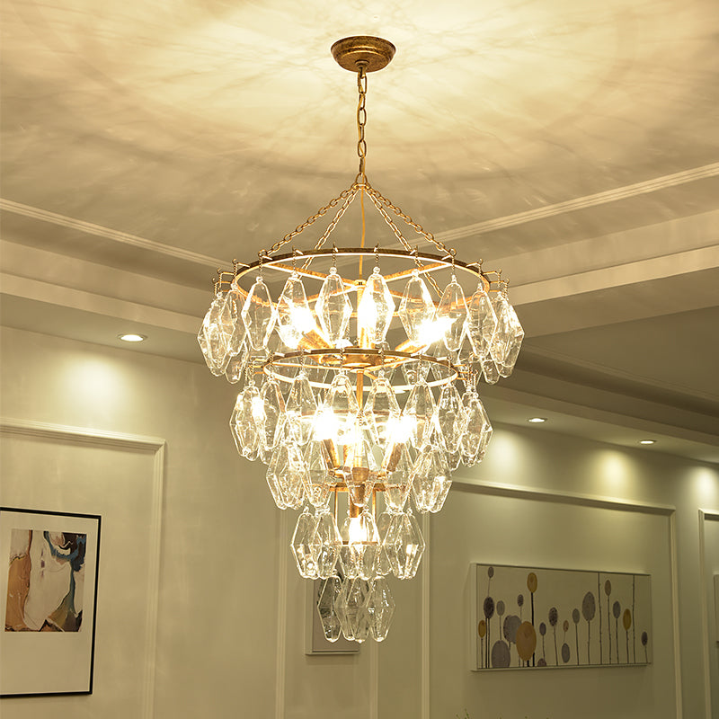 Gold Conical Chandelier Light Rustic Crystal 10 Lights Living Room Suspension Pendant Clearhalo 'Ceiling Lights' 'Chandeliers' Lighting' options 329115