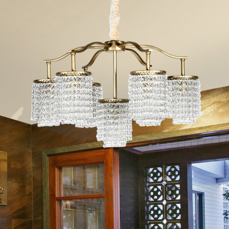 Crystal Cylinder Chandelier Light Fixture Rural 7 Heads Dining Room Ceiling Pendant in Brass Clearhalo 'Ceiling Lights' 'Chandeliers' Lighting' options 329130